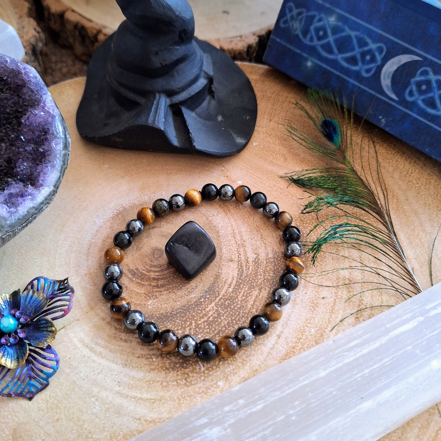 protection bracelet Crystal healing natural stone Black Obsidian, Hematite and Tigers Eye natural stone gift for him or her