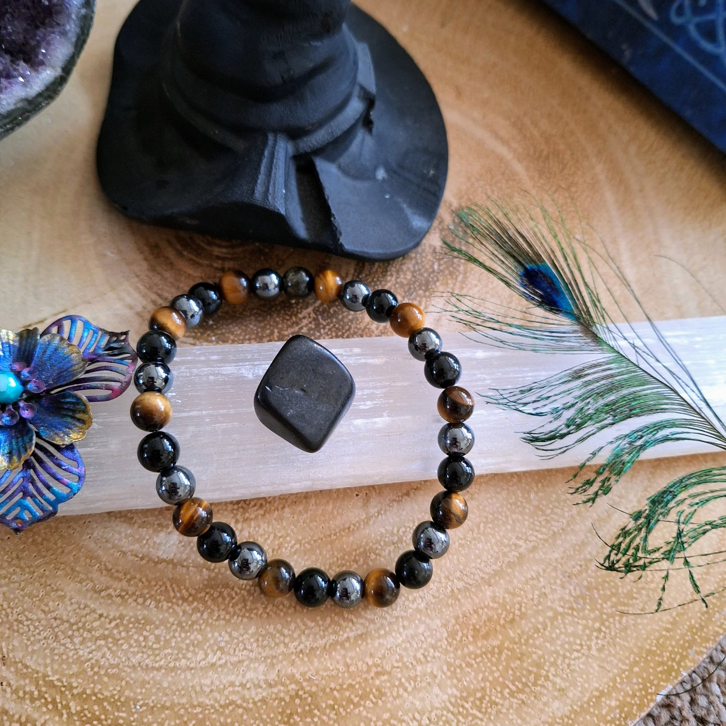 protection bracelet Crystal healing natural stone Black Obsidian, Hematite and Tigers Eye natural stone gift for him or her