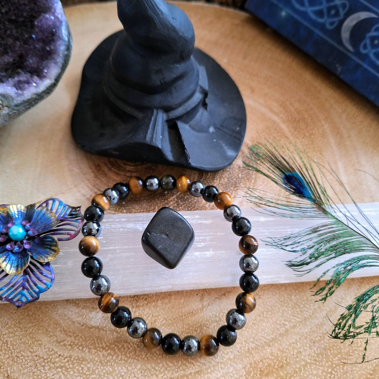 protection bracelet Crystal healing natural stone Black Obsidian, Hematite and Tigers Eye natural stone gift for him or her