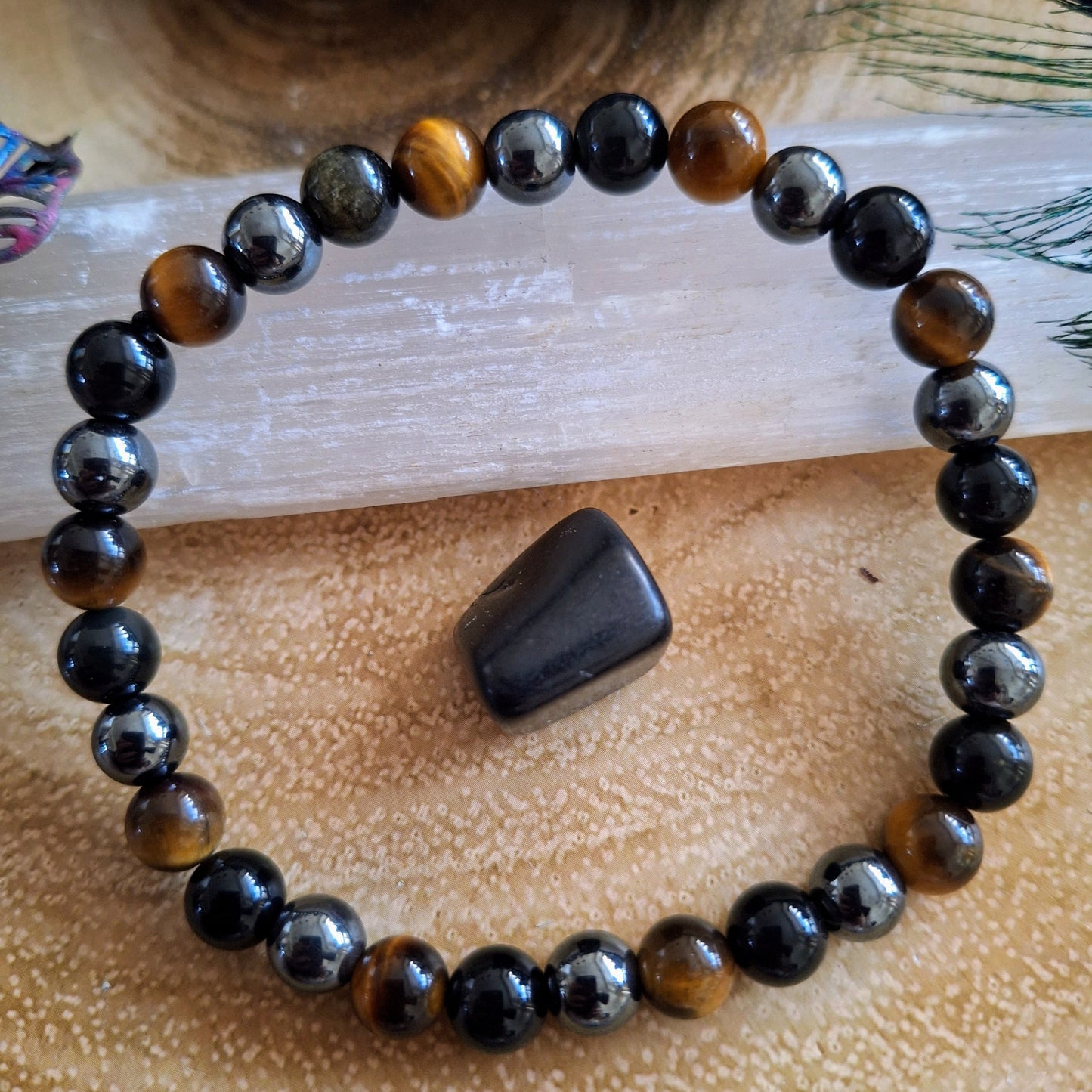 protection bracelet Crystal healing natural stone Black Obsidian, Hematite and Tigers Eye natural stone gift for him or her