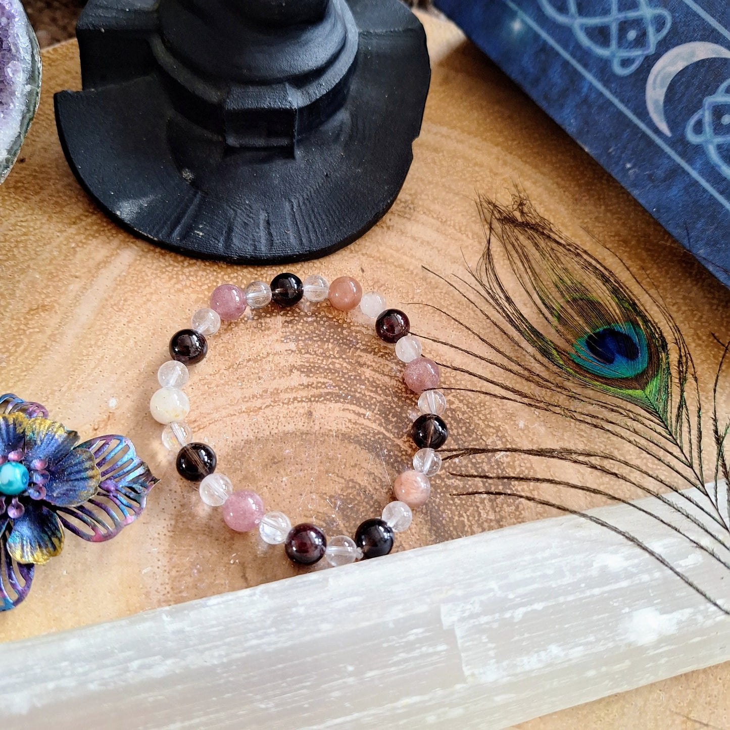 Tiredness bracelet gift for her crystal healing with Red Garnet, Clear Quartz, Moonstone, Smoky Quartz and Strawberry Quartz