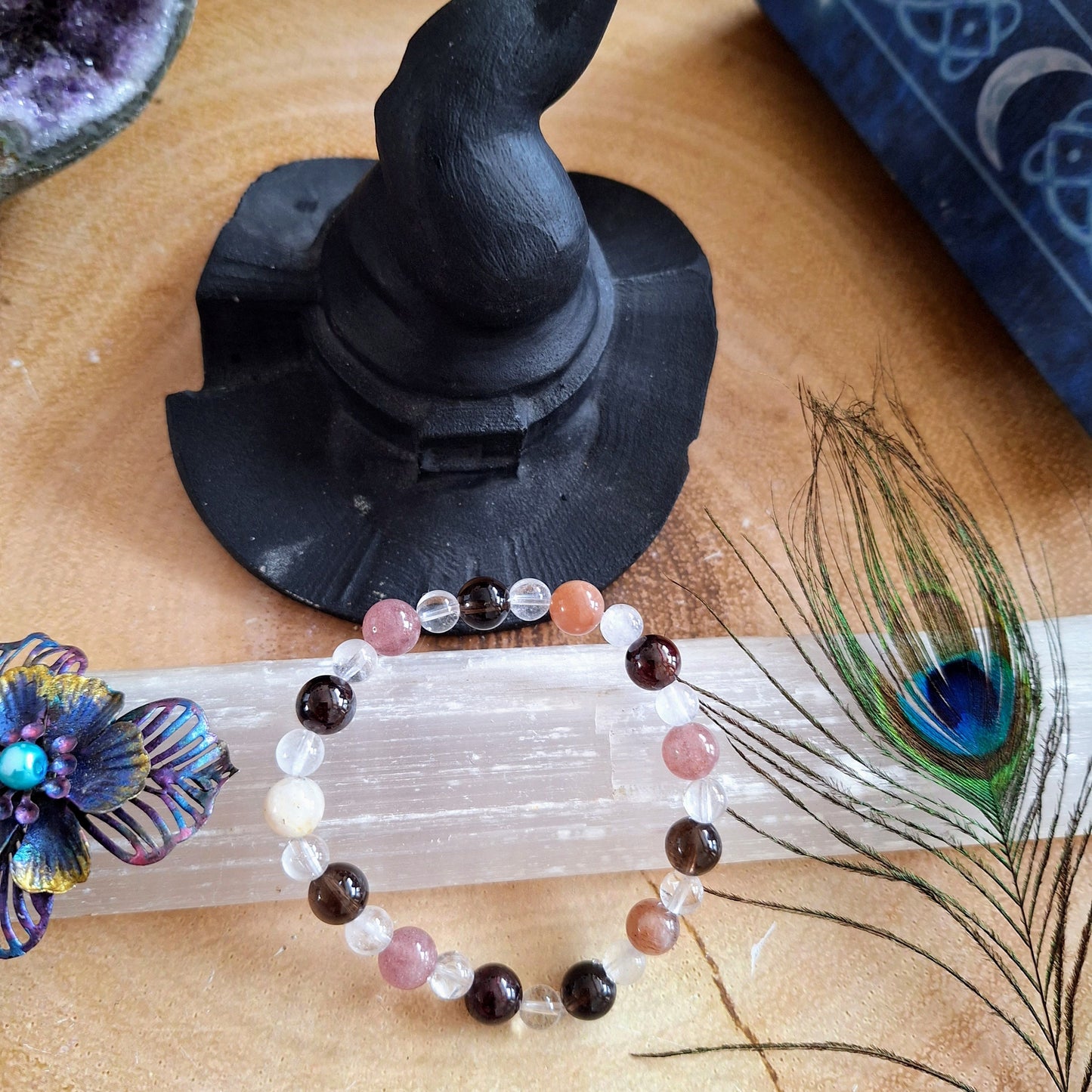 Tiredness bracelet gift for her crystal healing with Red Garnet, Clear Quartz, Moonstone, Smoky Quartz and Strawberry Quartz