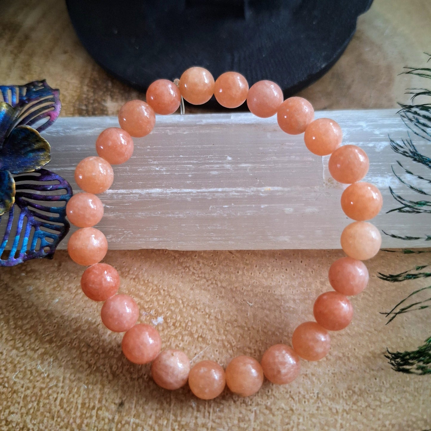 Peach calcite bracelet crystal healing natural stone gemstone jewelry stretch stacking jewellery