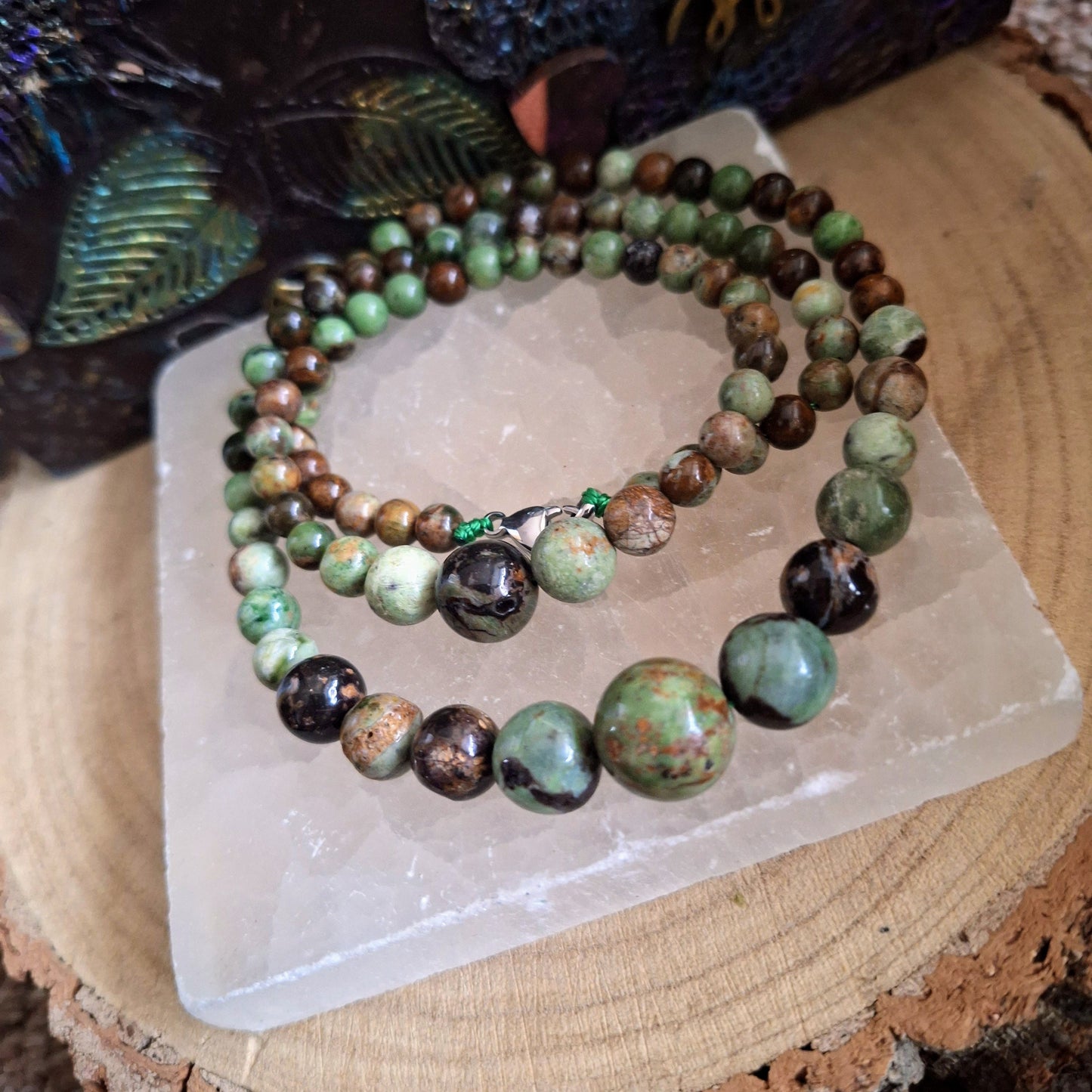 African green opal beaded necklace and bracelet set Crystal healing natural stone jewellery gift for her