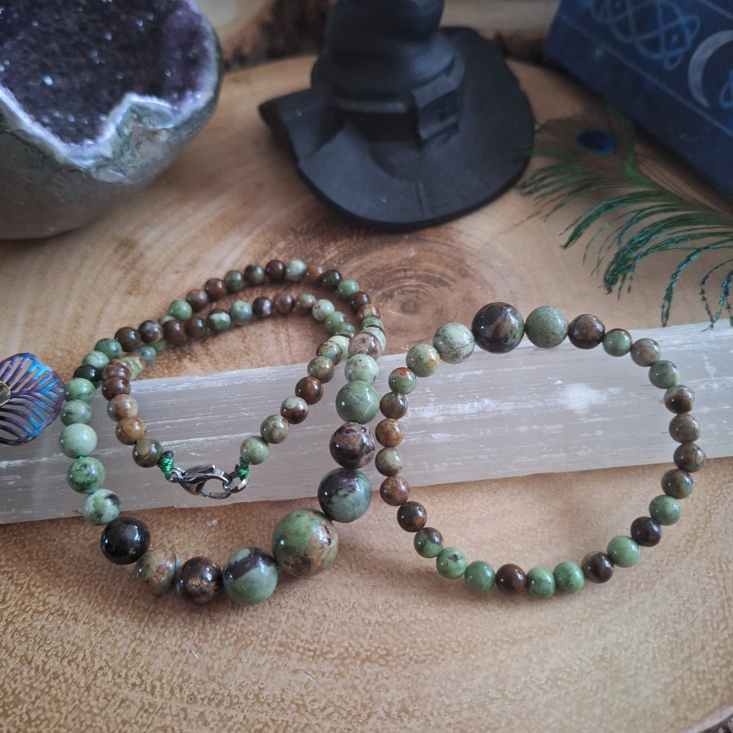 African green opal beaded necklace and bracelet set Crystal healing natural stone jewellery gift for her