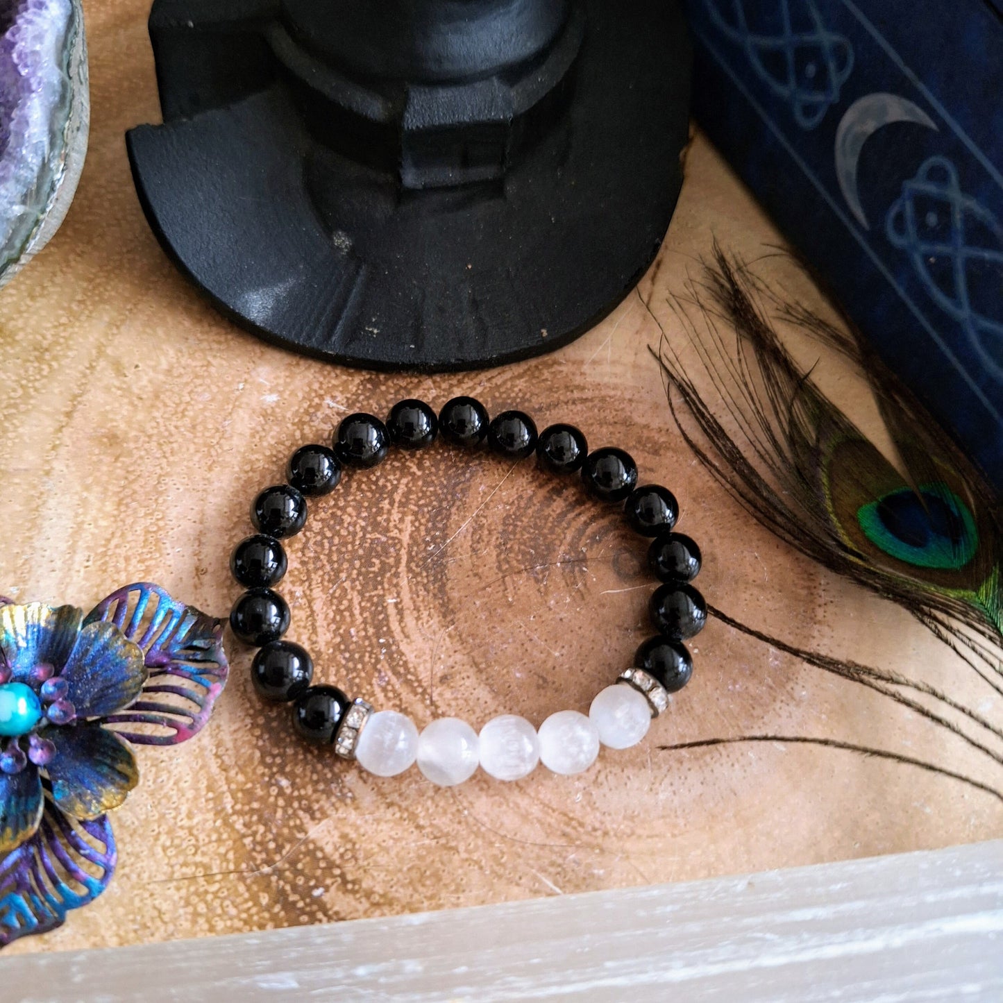 Black Tourmaline and Selenite Bracelet crystal healing natural stone Root Chakra Grounding jewellery gift for him or her