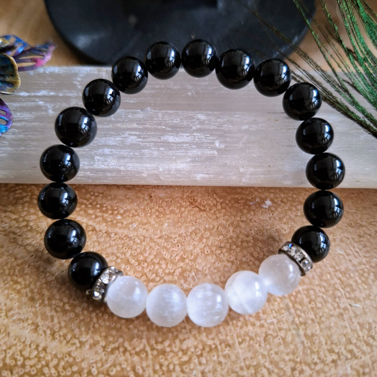 Black Tourmaline and Selenite Bracelet crystal healing natural stone Root Chakra Grounding jewellery gift for him or her