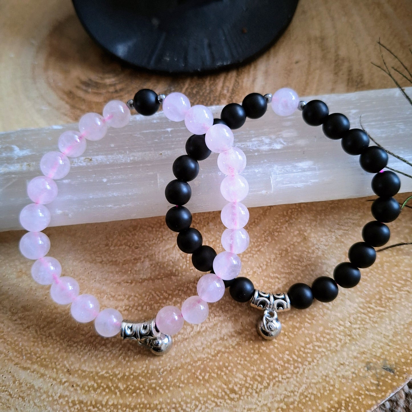 Rose Quartz and black onyx bracelet couples friendship with magnet charm crystal healing natural stone gift for him or her