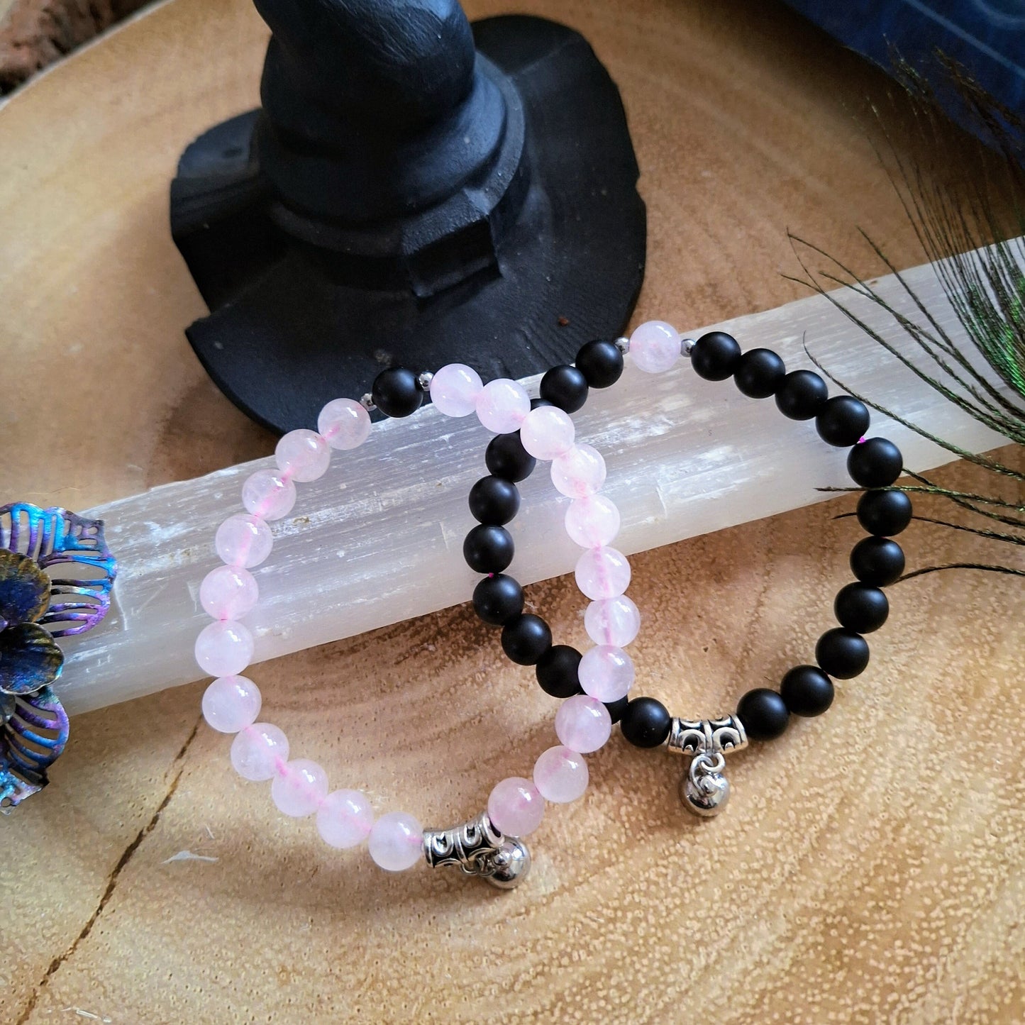 Rose Quartz and black onyx bracelet couples friendship with magnet charm crystal healing natural stone gift for him or her