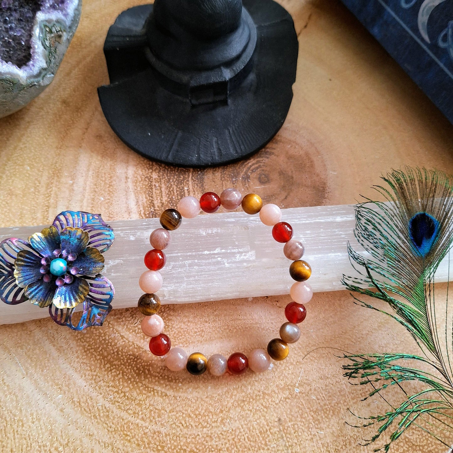 sacral chakra bracelet gemstone crystal healing natural stone carnelian sunstone tigers eye moonstone witchy jewellery