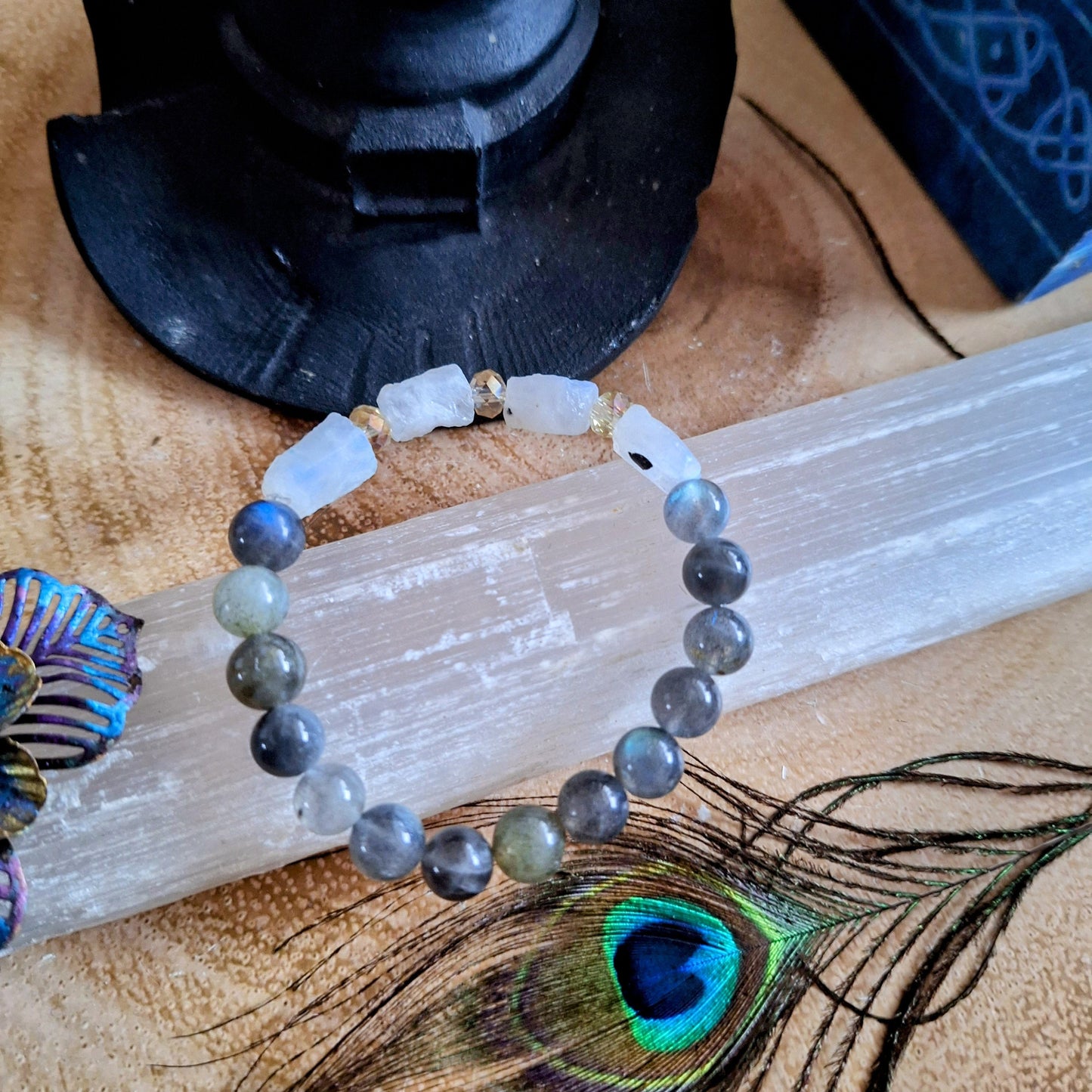 Raw moonstone and labradorite bracelet crystal healing gift for women jewellery for her