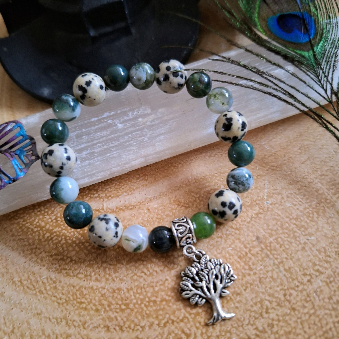 Connect with Nature and Animals Bracelet Crystal healing Moss Agate Tree agate and dalmation jasper witchy gift for her