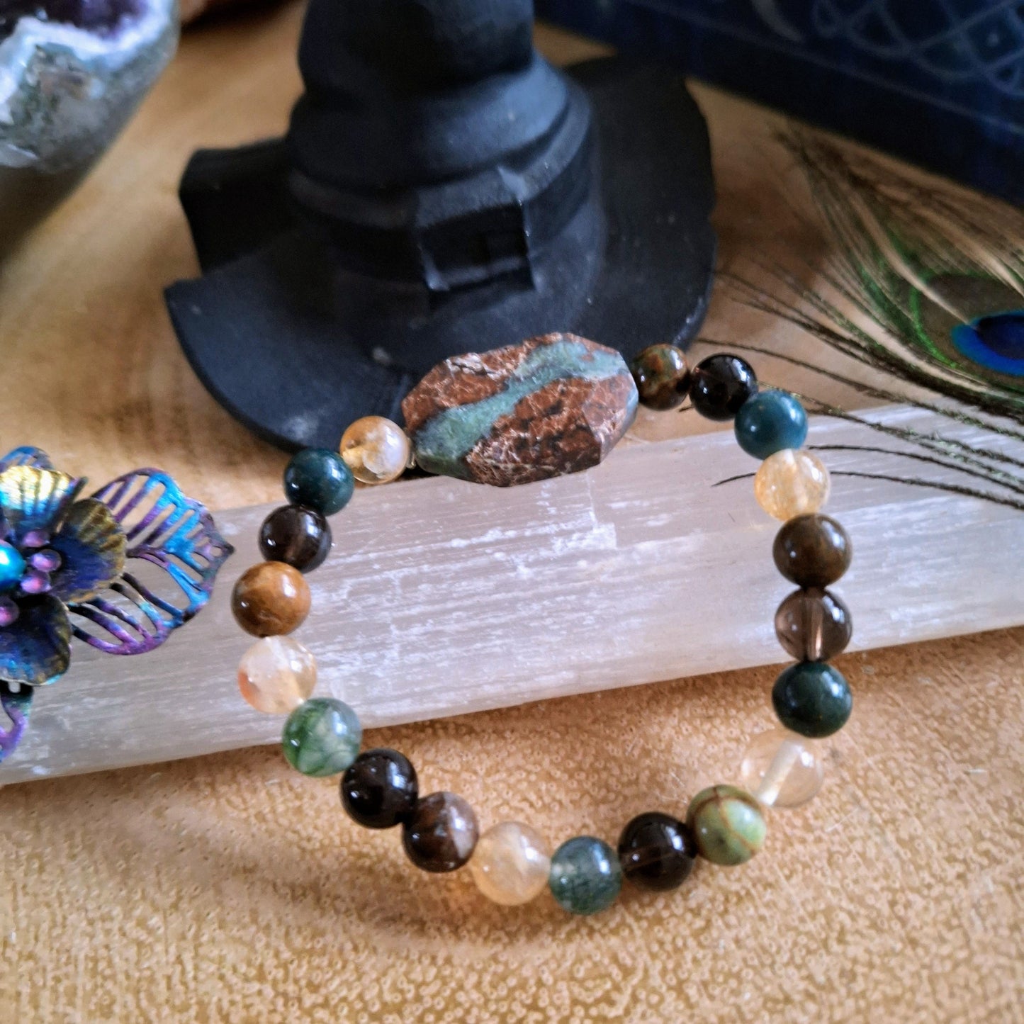 Chrysoprase bracelet with citrine, smoky quartz green moss agate and green opal gift for him or her witchy jewellery for women