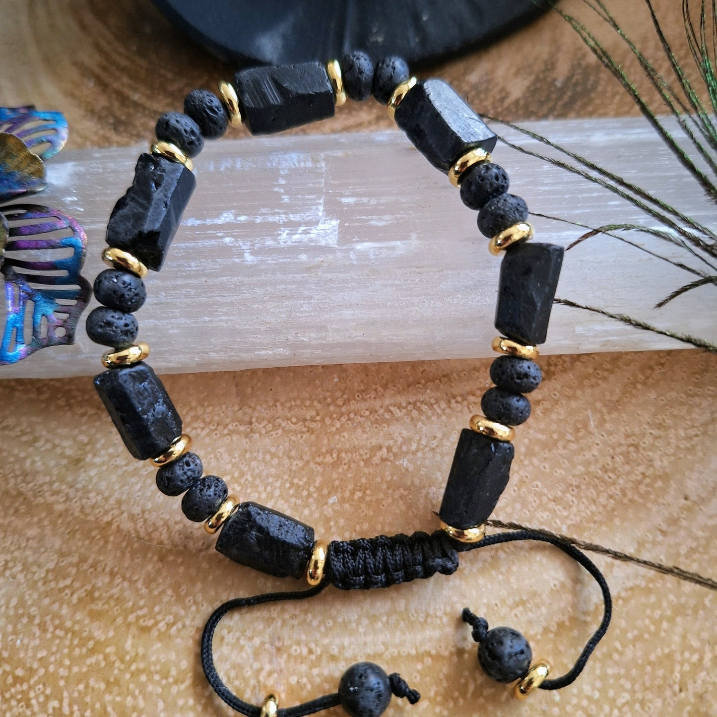 Raw Black Tourmaline bracelet and lava bead adjustable crystal healing jewellery for men or women protection gift for him or her