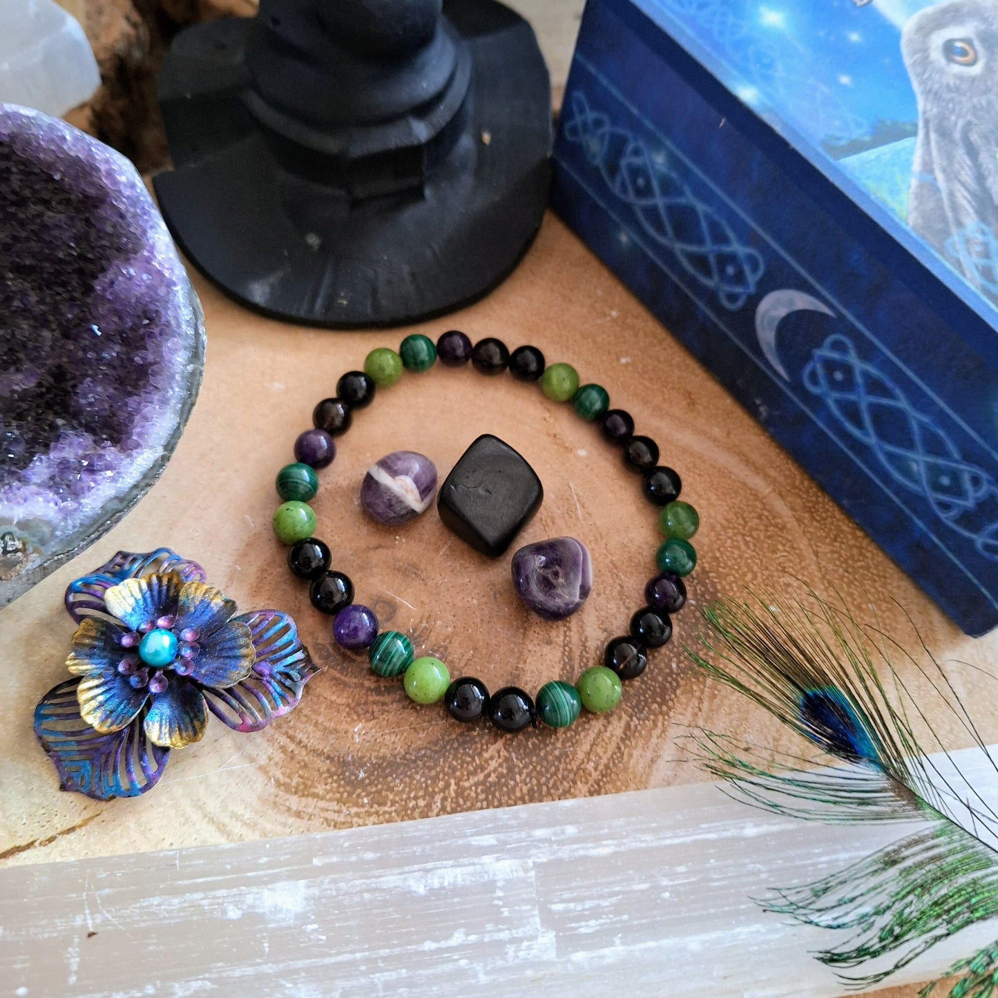 White Witch protection Bracelet crystal healing Amethyst, Jade, Malachite, Smoky Quartz & Obsidian and Amethyst and Apache Tumbles