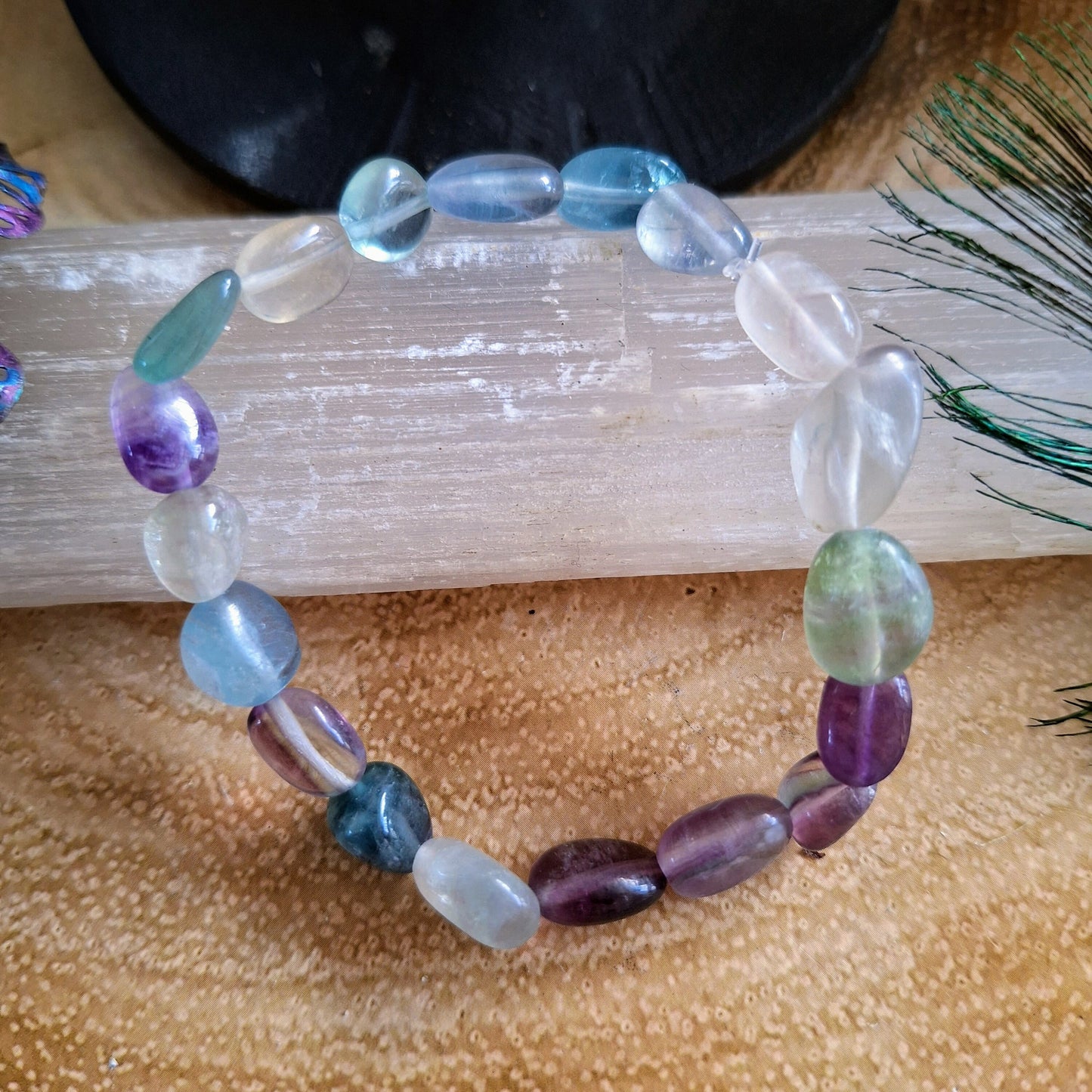 Rainbow fluorite nugget bracelet crystal healing gift for him or her  witchy jewellery for women