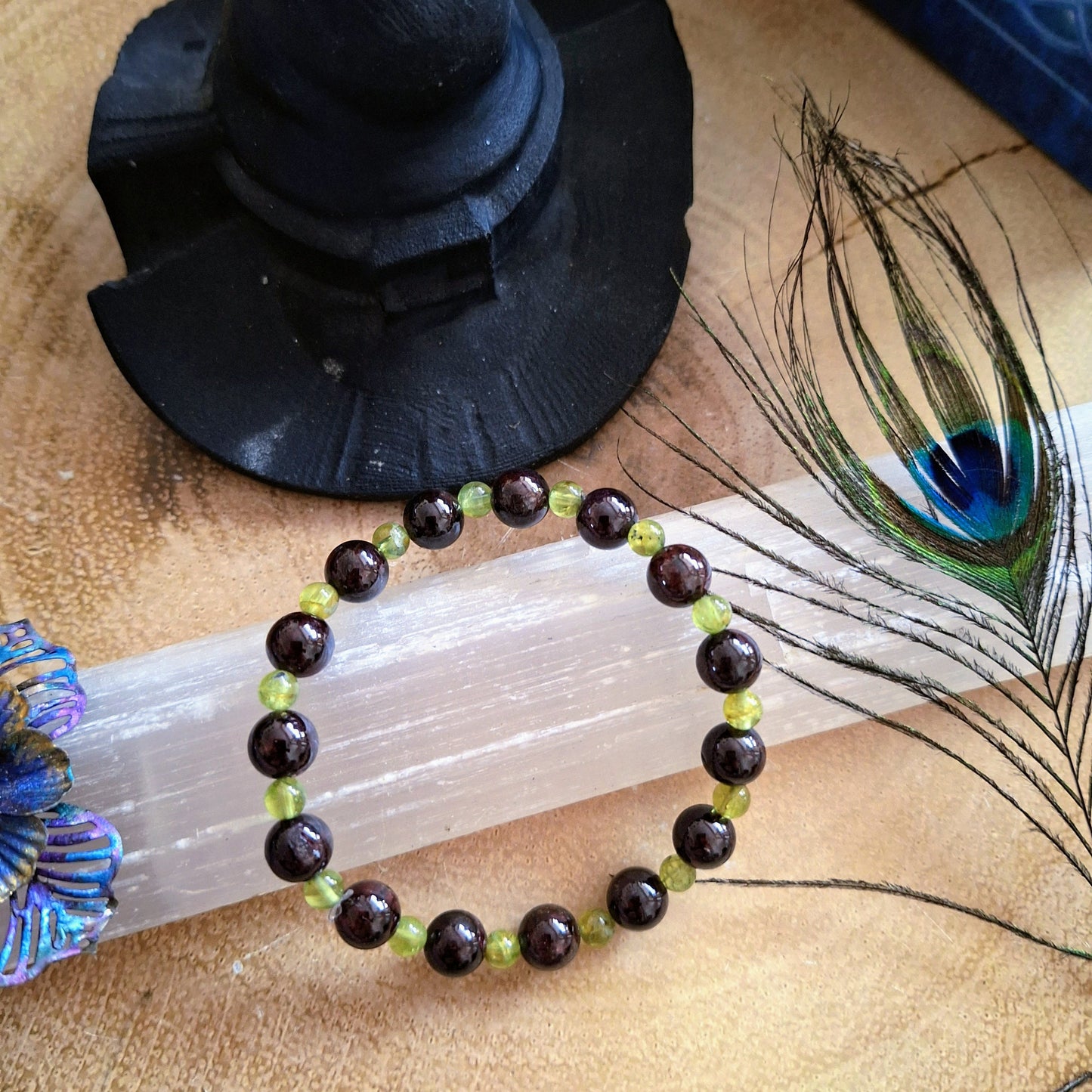 Peridot and Dark Red Garnet bracelet crystal healing natural stone stretchy stacking jewellery