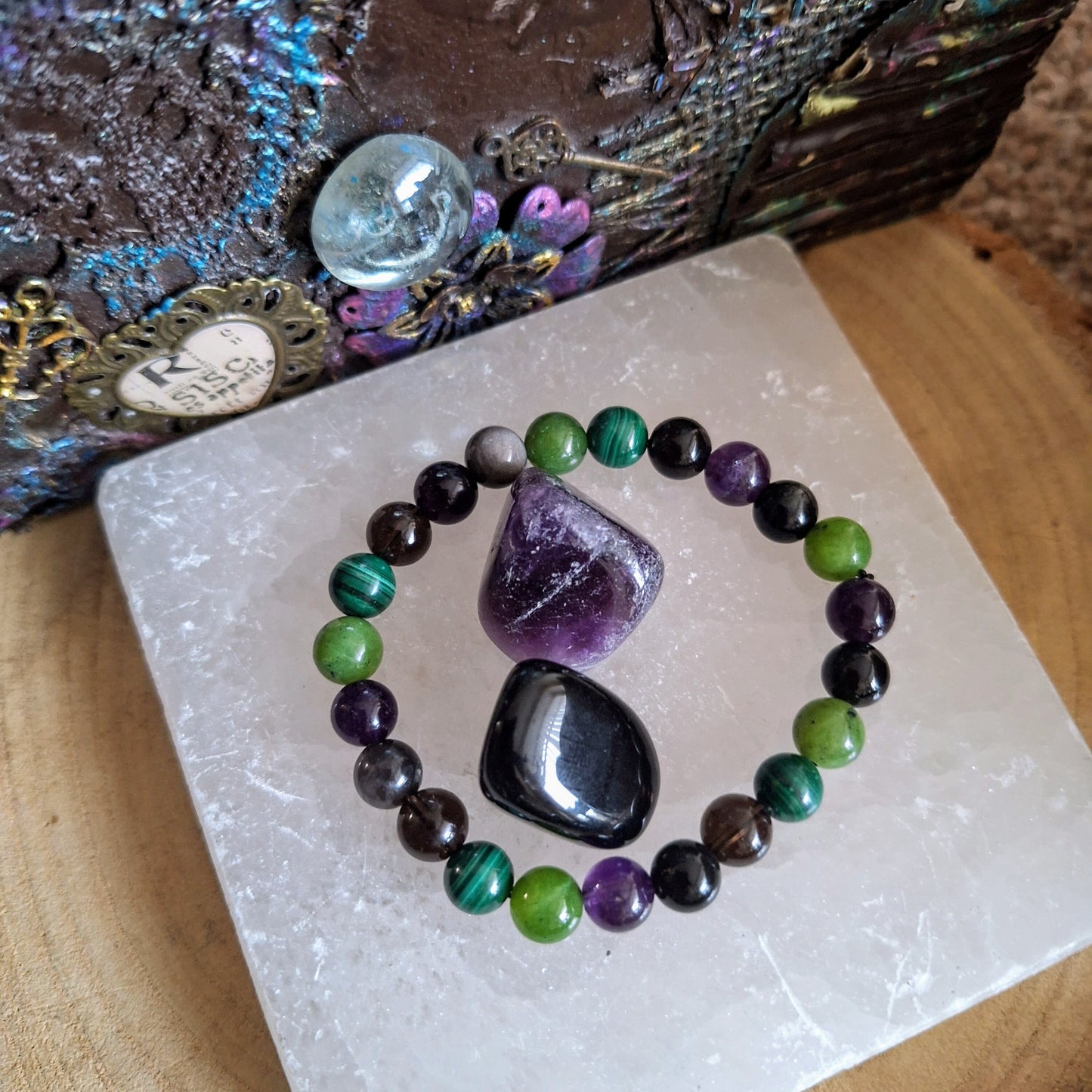 White Witch protection Bracelet crystal healing Amethyst, Jade, Malachite, Smoky Quartz & Obsidian and Amethyst and Apache Tumbles