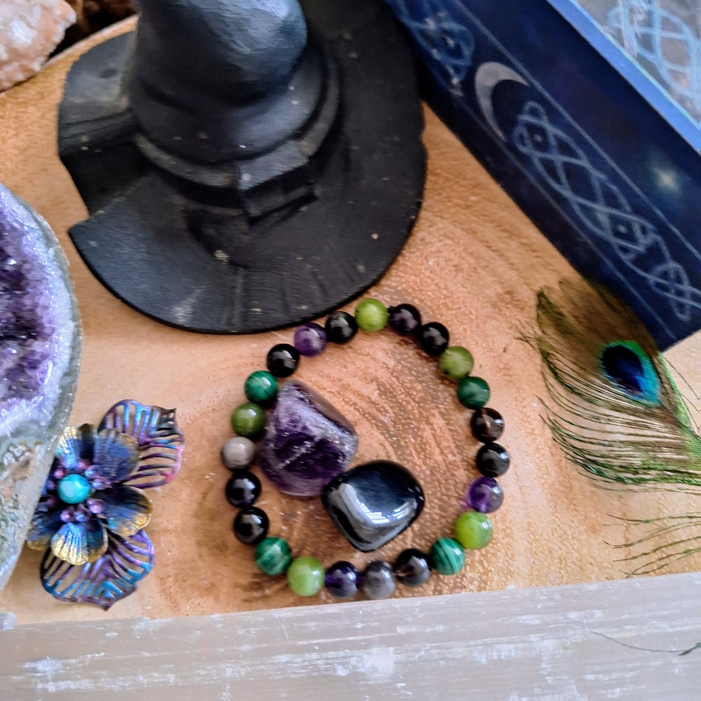 White Witch protection Bracelet crystal healing Amethyst, Jade, Malachite, Smoky Quartz & Obsidian and Amethyst and Apache Tumbles