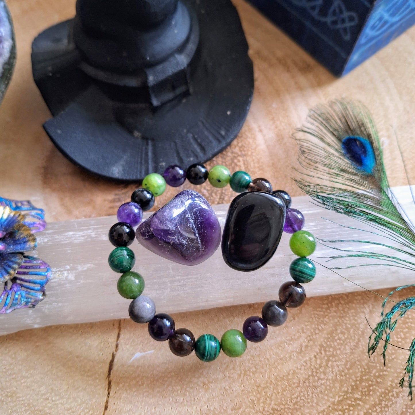 White Witch protection Bracelet crystal healing Amethyst, Jade, Malachite, Smoky Quartz & Obsidian and Amethyst and Apache Tumbles