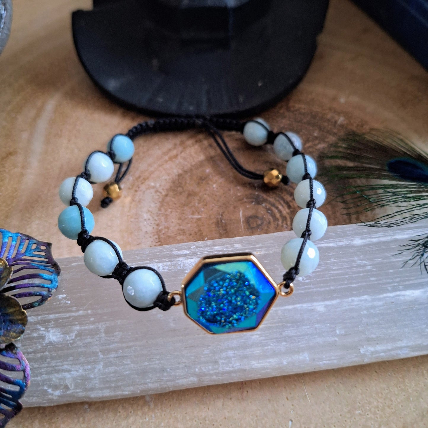 Amazonite adjustable bracelet with titanium druzy quartz gift for her sparkly gemstone jewellery for women