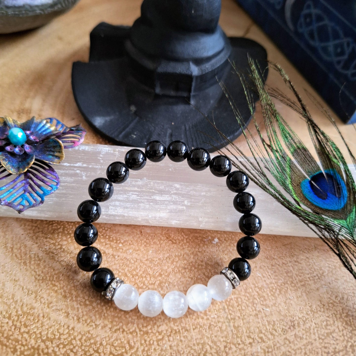 Black Tourmaline and Selenite Bracelet crystal healing natural stone Root Chakra Grounding jewellery gift for him or her