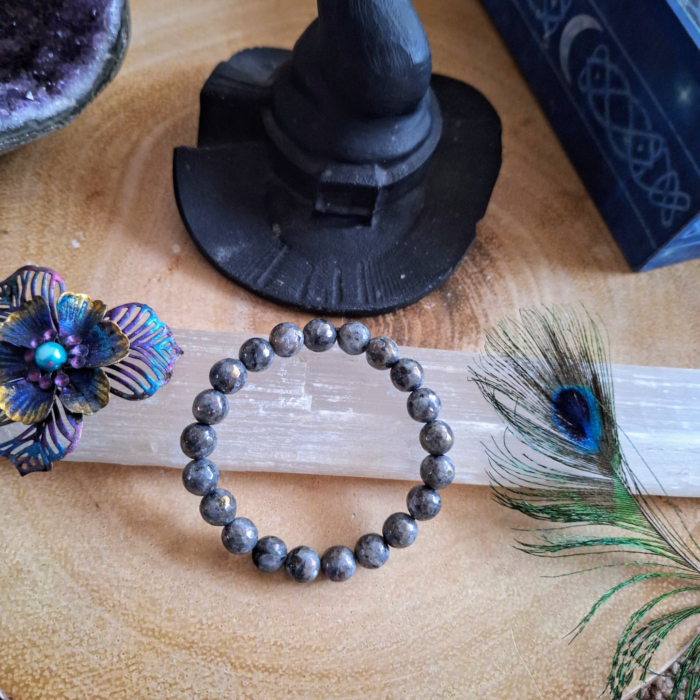 Aura Larvikite Bracelet Crystal healing natural stone stretchy stacking bracelet gift for him or her black moonstone