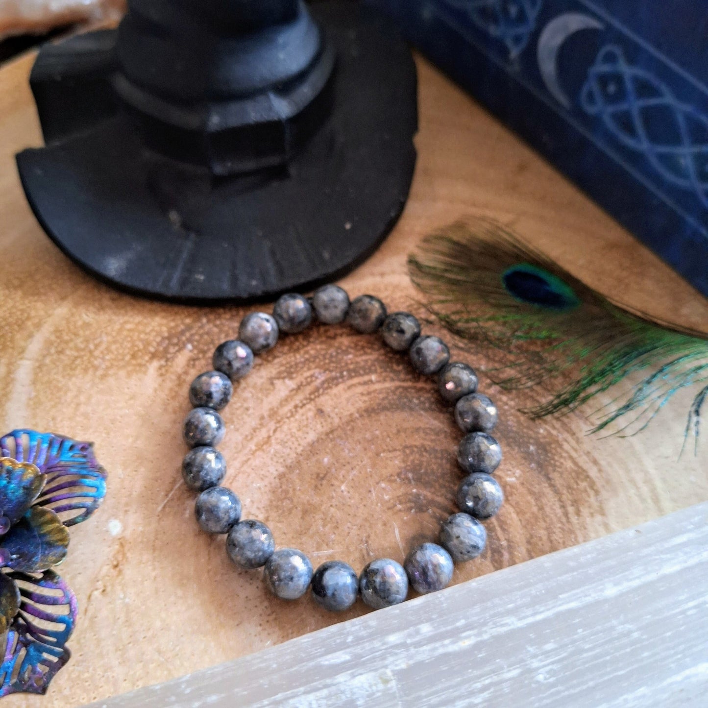 Aura Larvikite Bracelet Crystal healing natural stone stretchy stacking bracelet gift for him or her black moonstone