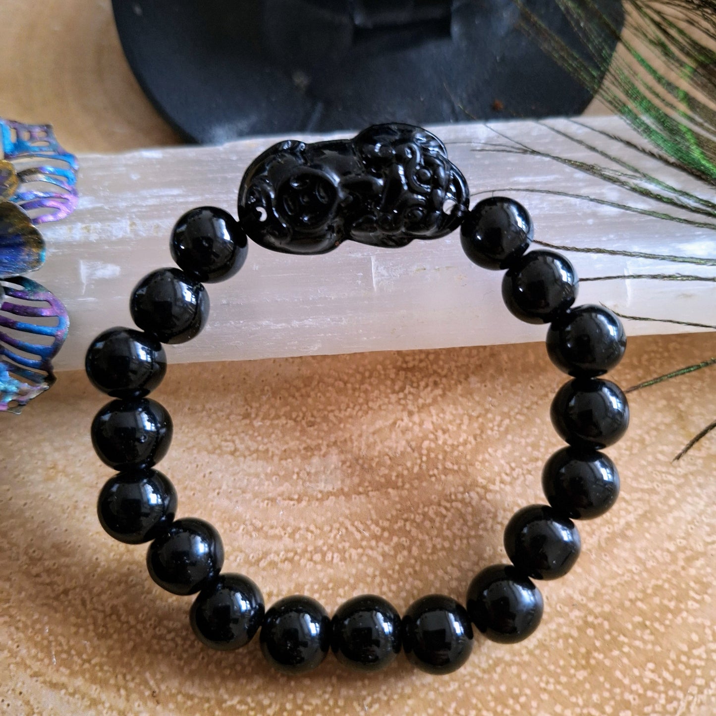 Pixiu Bracelet Black Obsidian natural stone gemstone jewellery gift for luck Feng Shui gift fir him or her