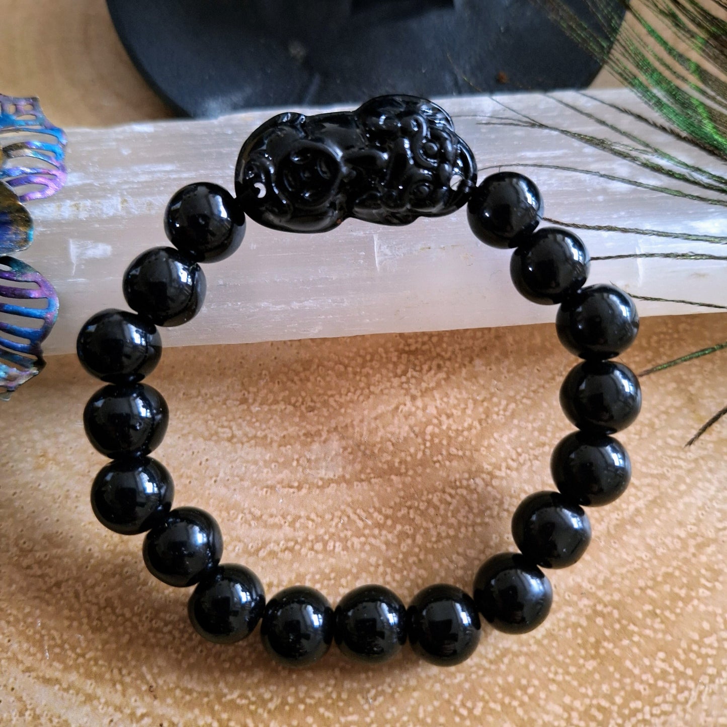 Pixiu Bracelet Black Obsidian natural stone gemstone jewellery gift for luck Feng Shui gift fir him or her