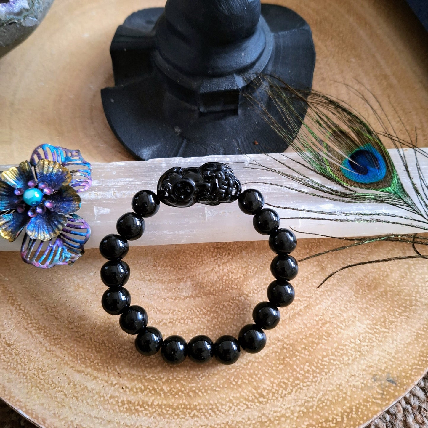 Pixiu Bracelet Black Obsidian natural stone gemstone jewellery gift for luck Feng Shui gift fir him or her