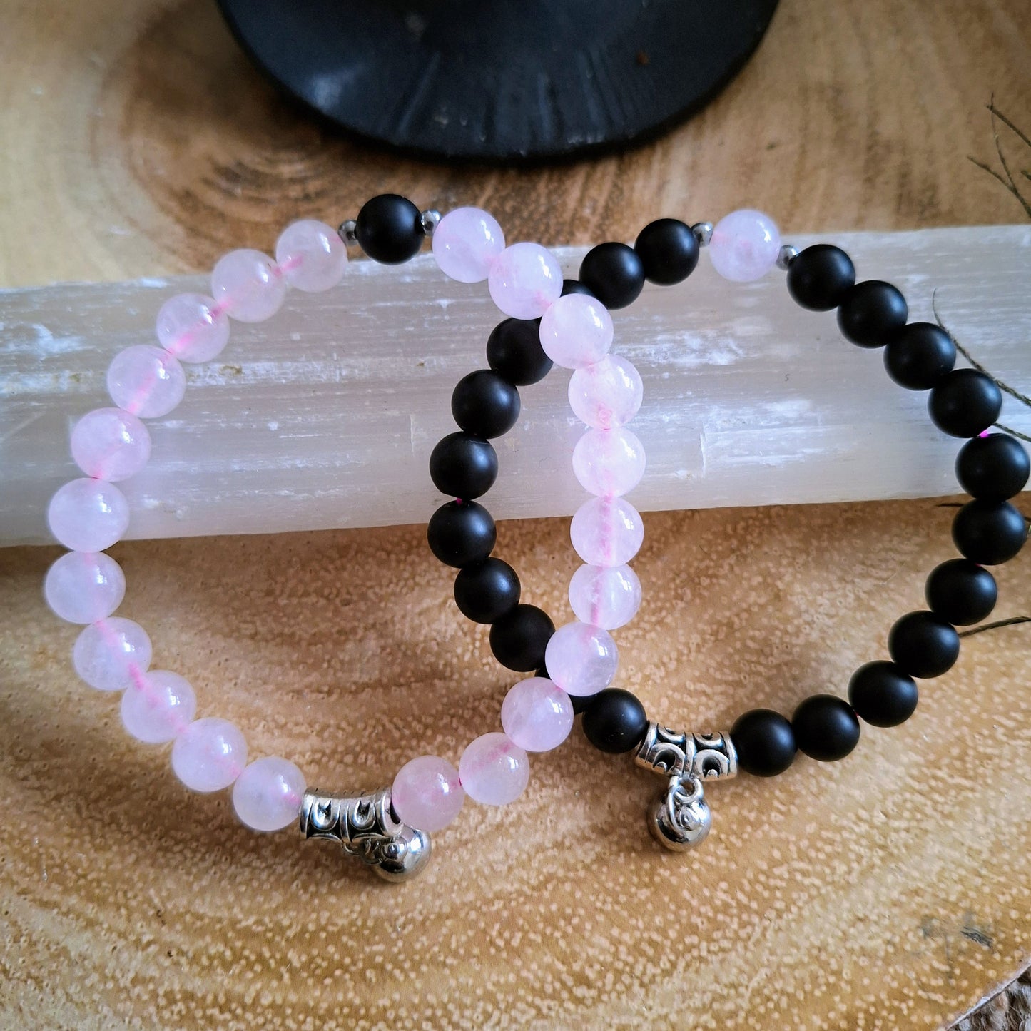 Rose Quartz and black onyx bracelet couples friendship with magnet charm crystal healing natural stone gift for him or her