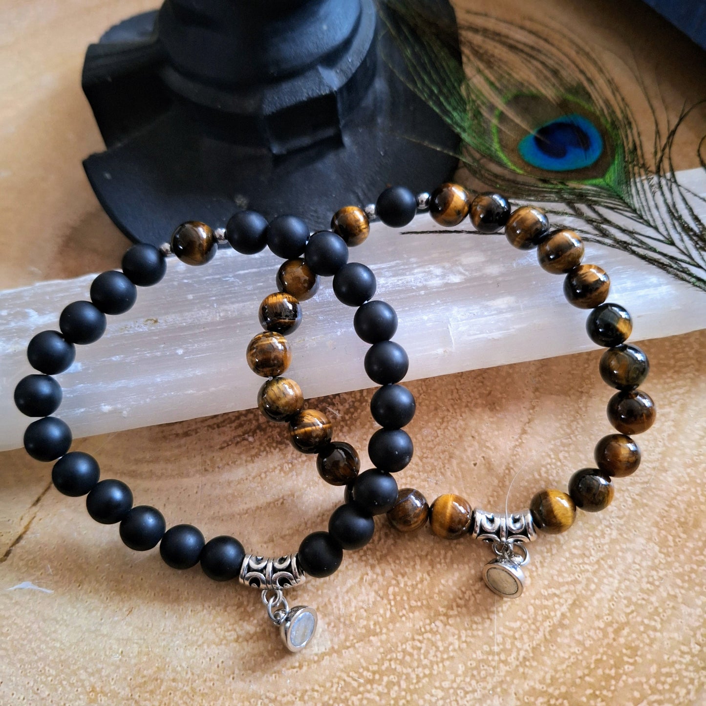 Tigers eye and black onyx bracelet couples friendship with magnet charm crystal healing natural stone gift for him or her protection