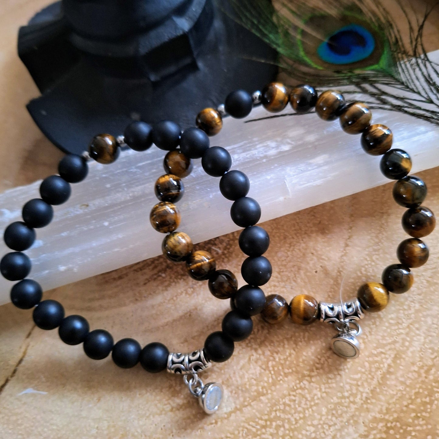 Tigers eye and black onyx bracelet couples friendship with magnet charm crystal healing natural stone gift for him or her protection