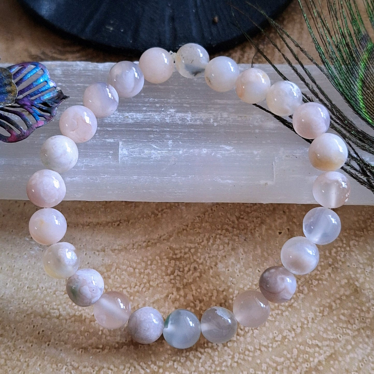 Flower agate bracelet crystal healing sakura agate Cherry blossom natural stone stacking stretch jewellery.