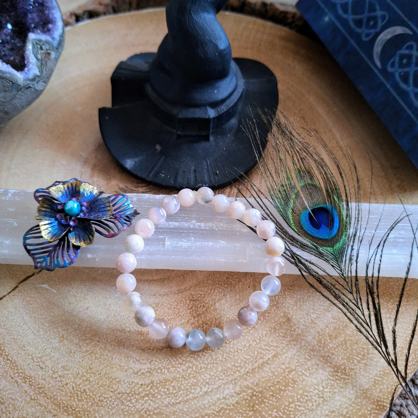 Flower agate bracelet crystal healing sakura agate Cherry blossom natural stone stacking stretch jewellery.