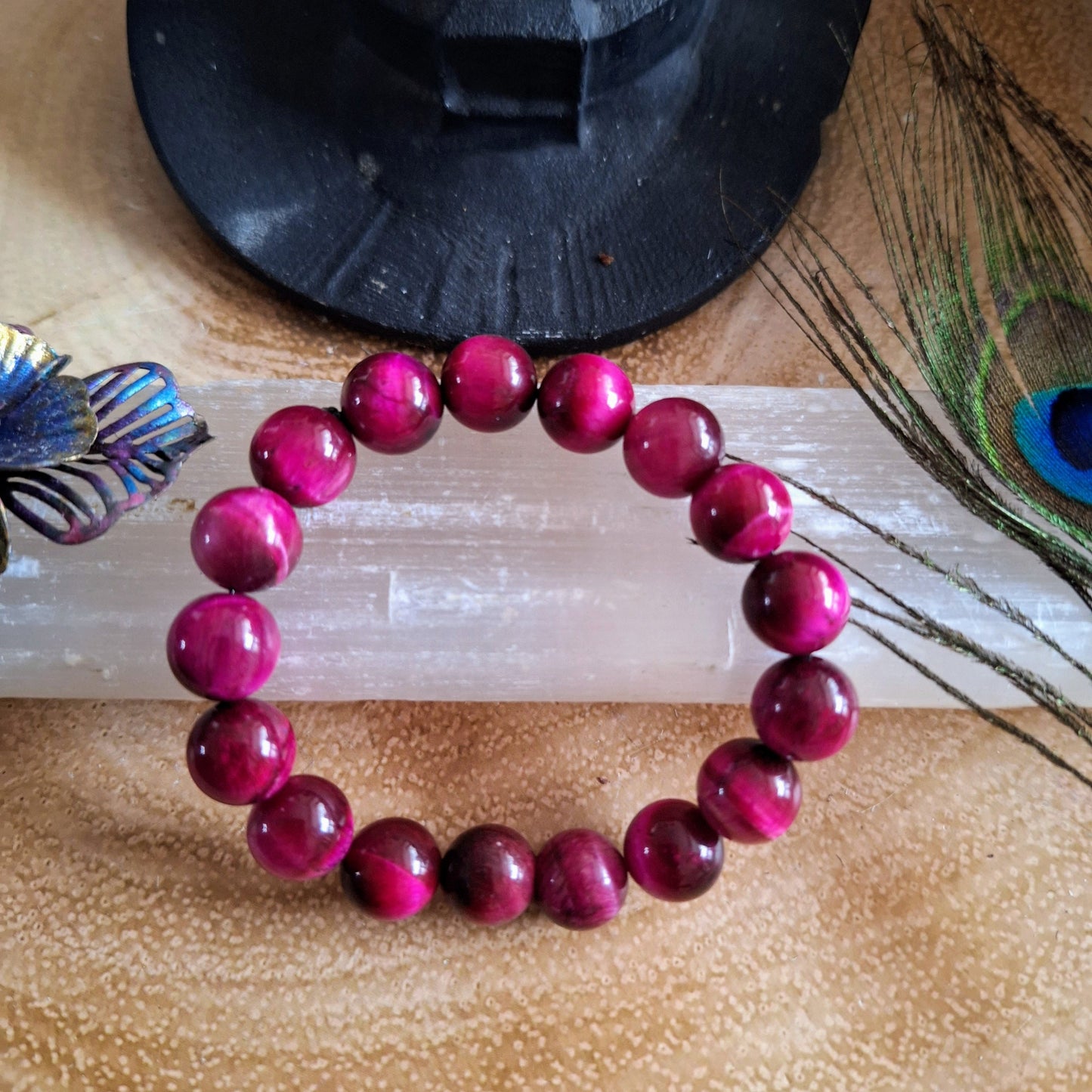 Pink Tigers eye bracelet for women stretchy stacking natural stone crystal healing jewellery gift for him or her