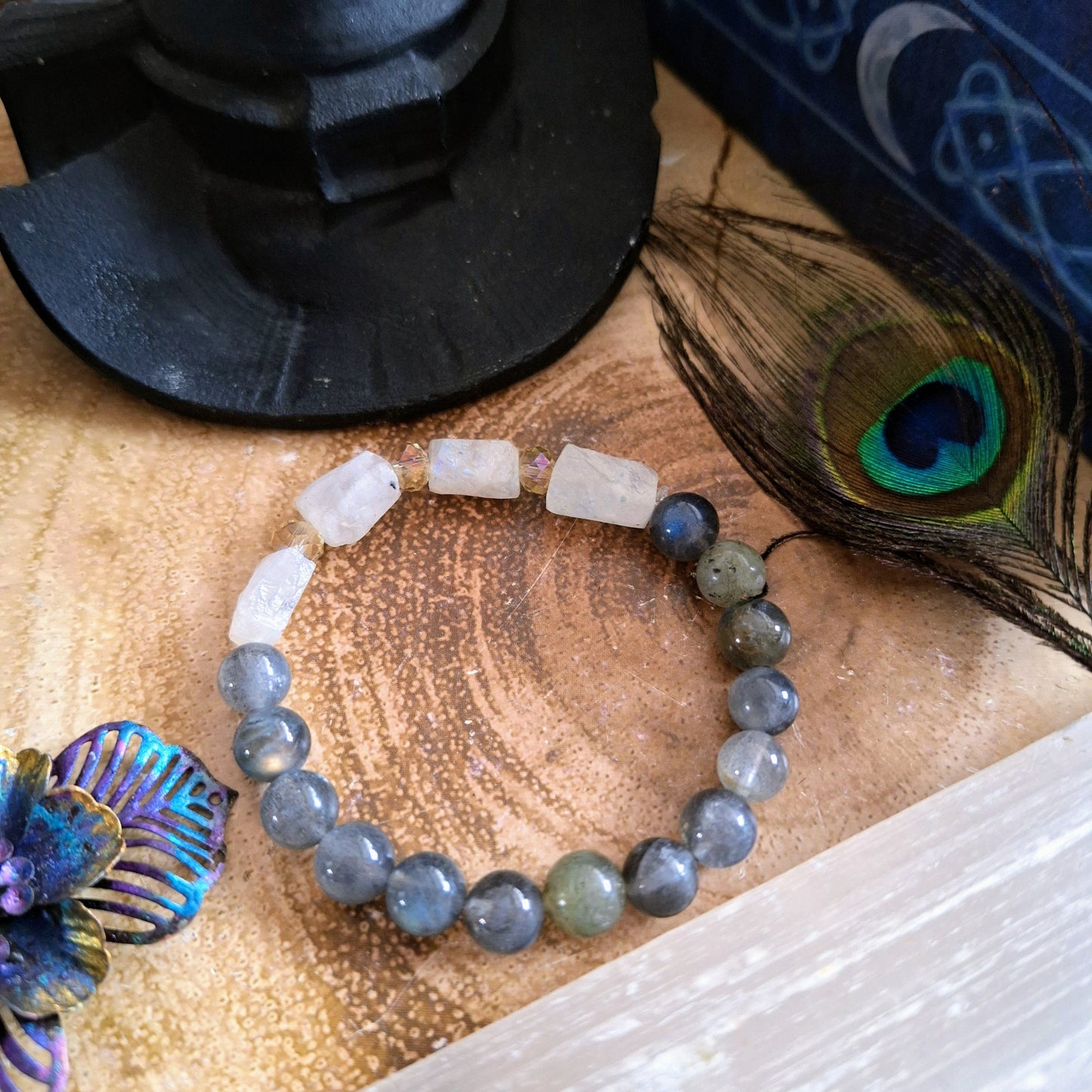 Raw moonstone and labradorite bracelet crystal healing gift for women jewellery for her