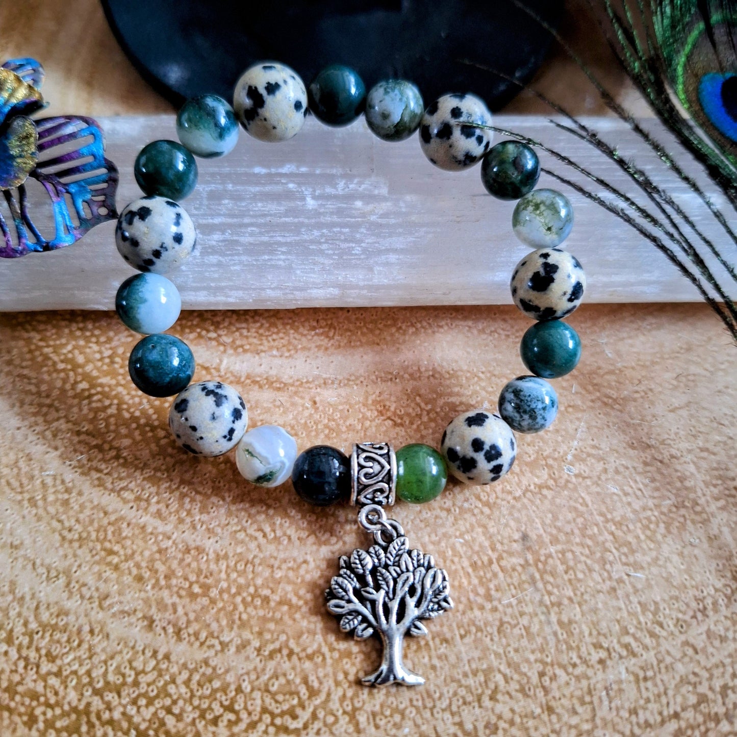 Connect with Nature and Animals Bracelet Crystal healing Moss Agate Tree agate and dalmation jasper witchy gift for her