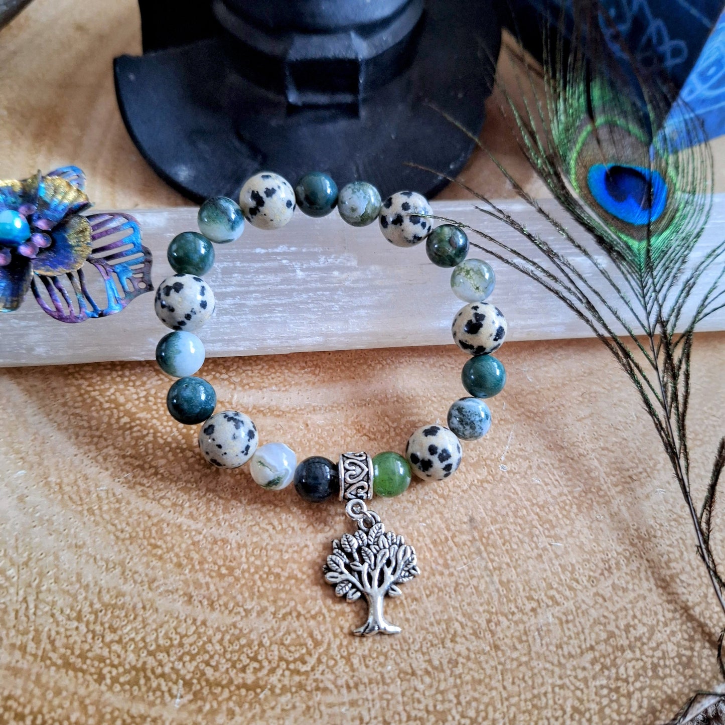 Connect with Nature and Animals Bracelet Crystal healing Moss Agate Tree agate and dalmation jasper witchy gift for her