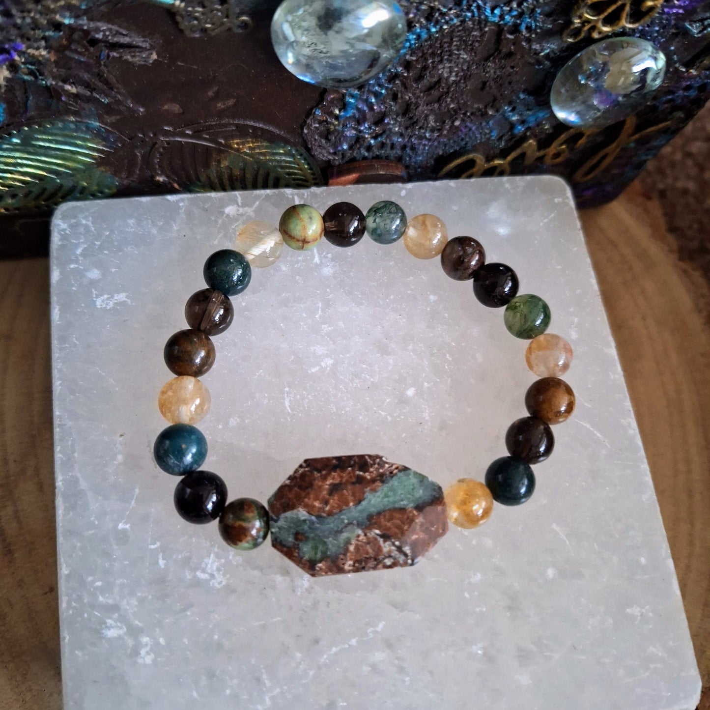 Chrysoprase bracelet with citrine, smoky quartz green moss agate and green opal gift for him or her witchy jewellery for women