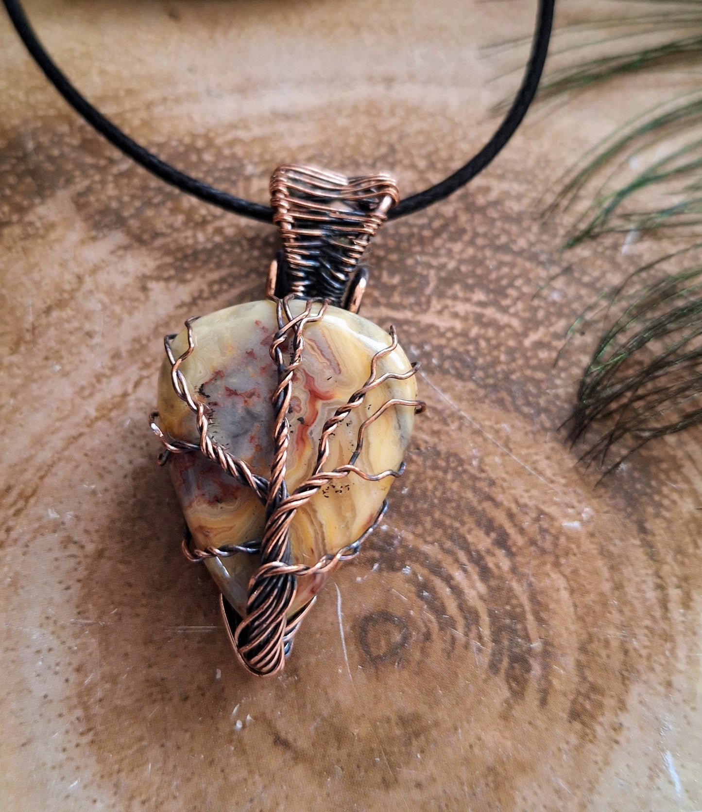 Crazy lace agate wire wrapped copper necklace in 925 silver pendant statement jewellery crystal healing natural stone gift for