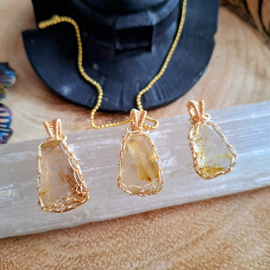 Golden Rutilated quartz pendant necklace wire wrapped handmade gift for her jewellery for men witchy jewelry for women