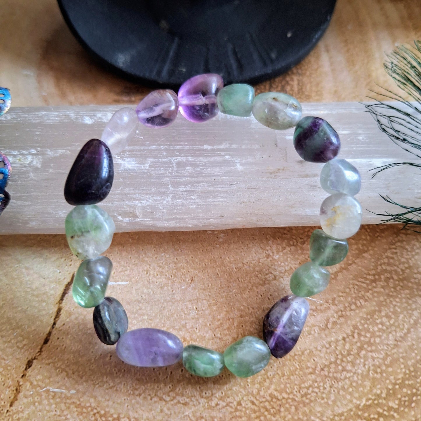 Rainbow fluorite nugget bracelet crystal healing gift for him or her  witchy jewellery for women