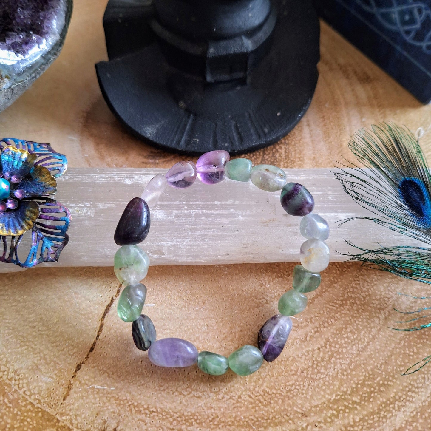 Rainbow fluorite nugget bracelet crystal healing gift for him or her  witchy jewellery for women