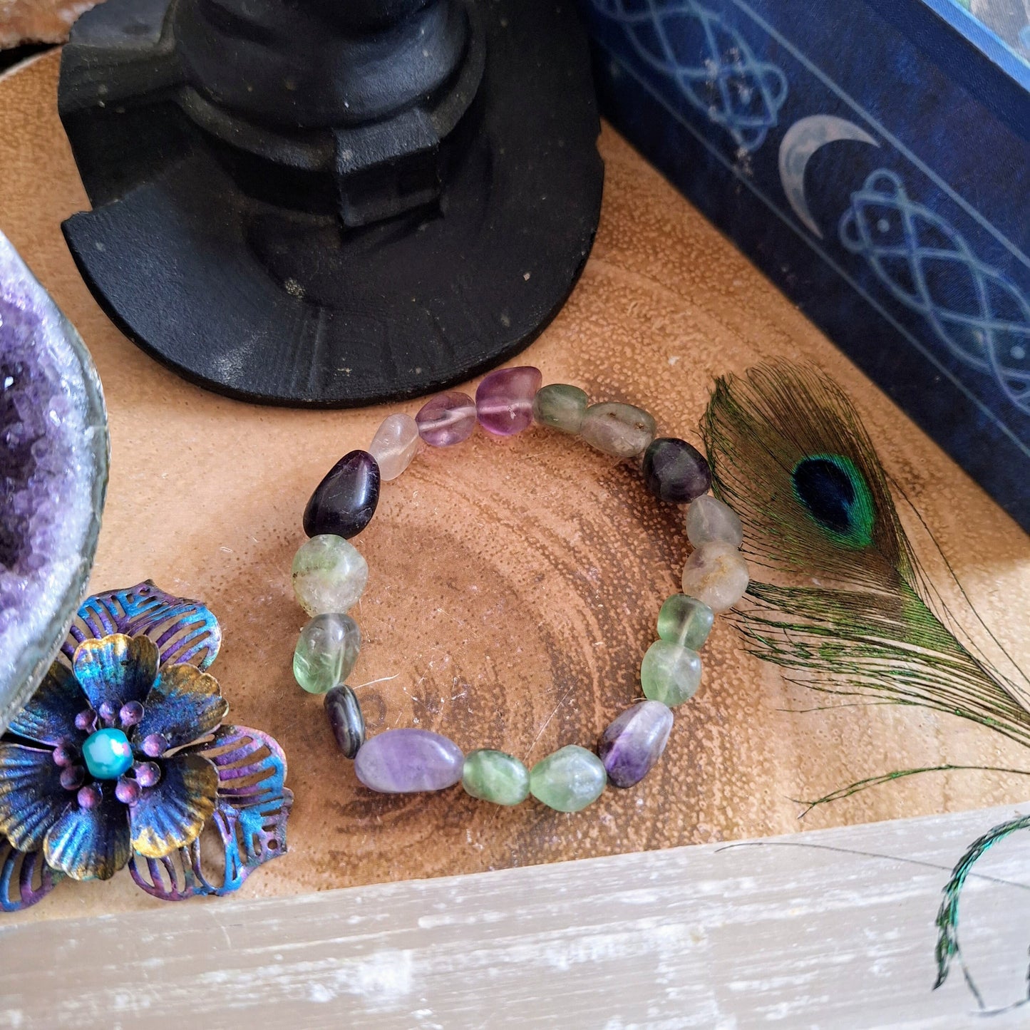 Rainbow fluorite nugget bracelet crystal healing gift for him or her  witchy jewellery for women