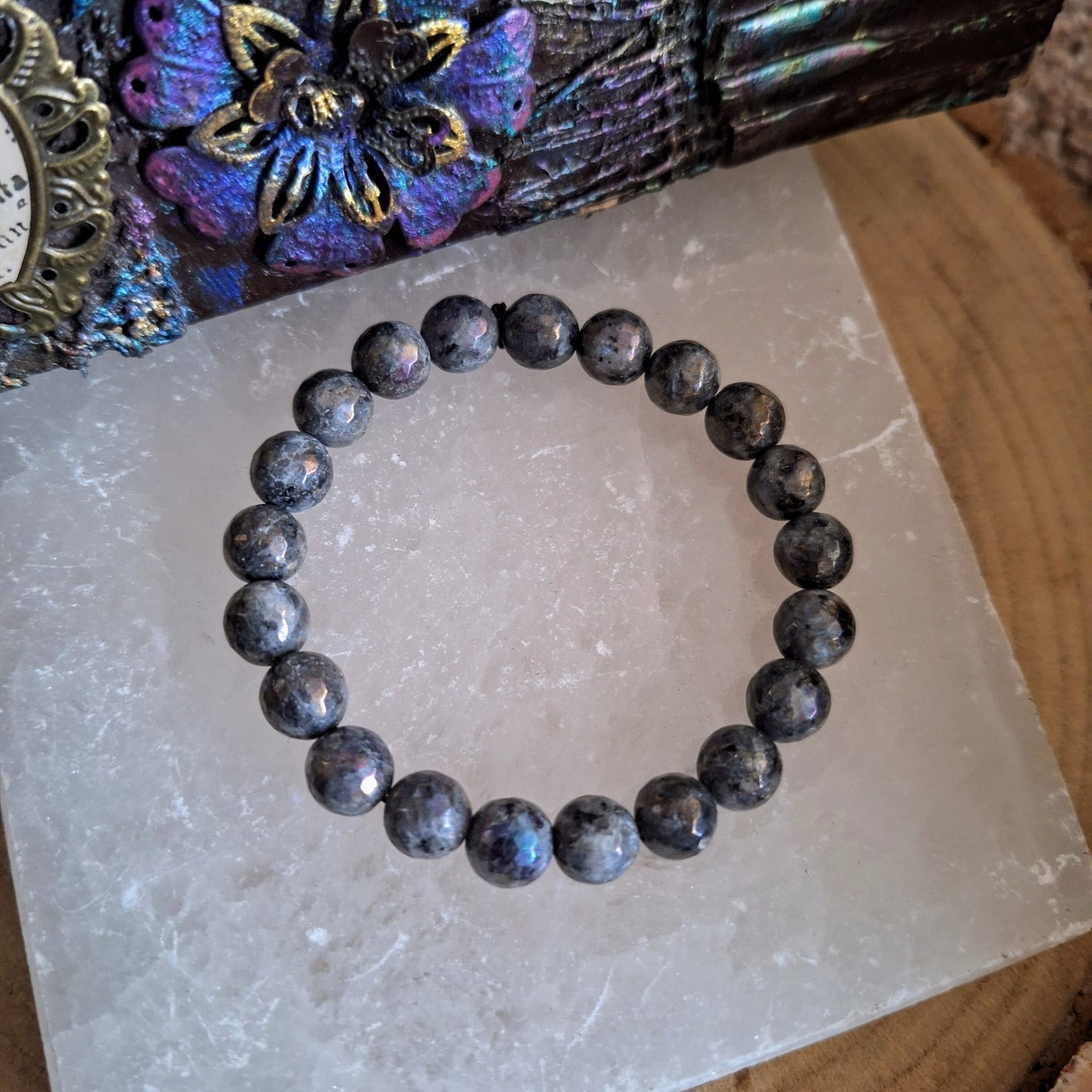 Aura Larvikite Bracelet Crystal healing natural stone stretchy stacking bracelet gift for him or her black moonstone