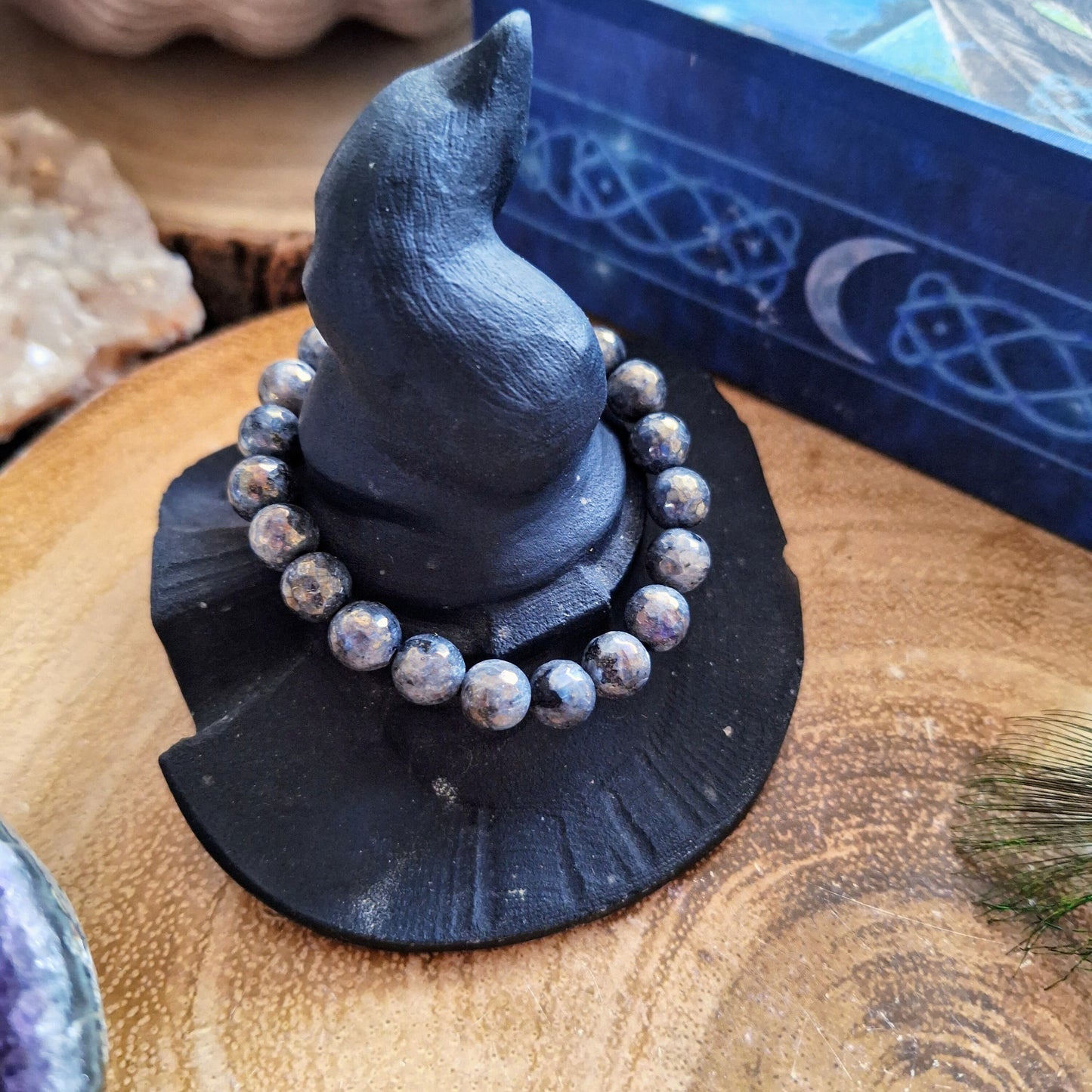 Aura Larvikite Bracelet Crystal healing natural stone stretchy stacking bracelet gift for him or her black moonstone