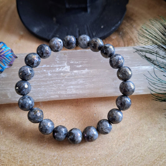 Aura Larvikite Bracelet Crystal healing natural stone stretchy stacking bracelet gift for him or her black moonstone