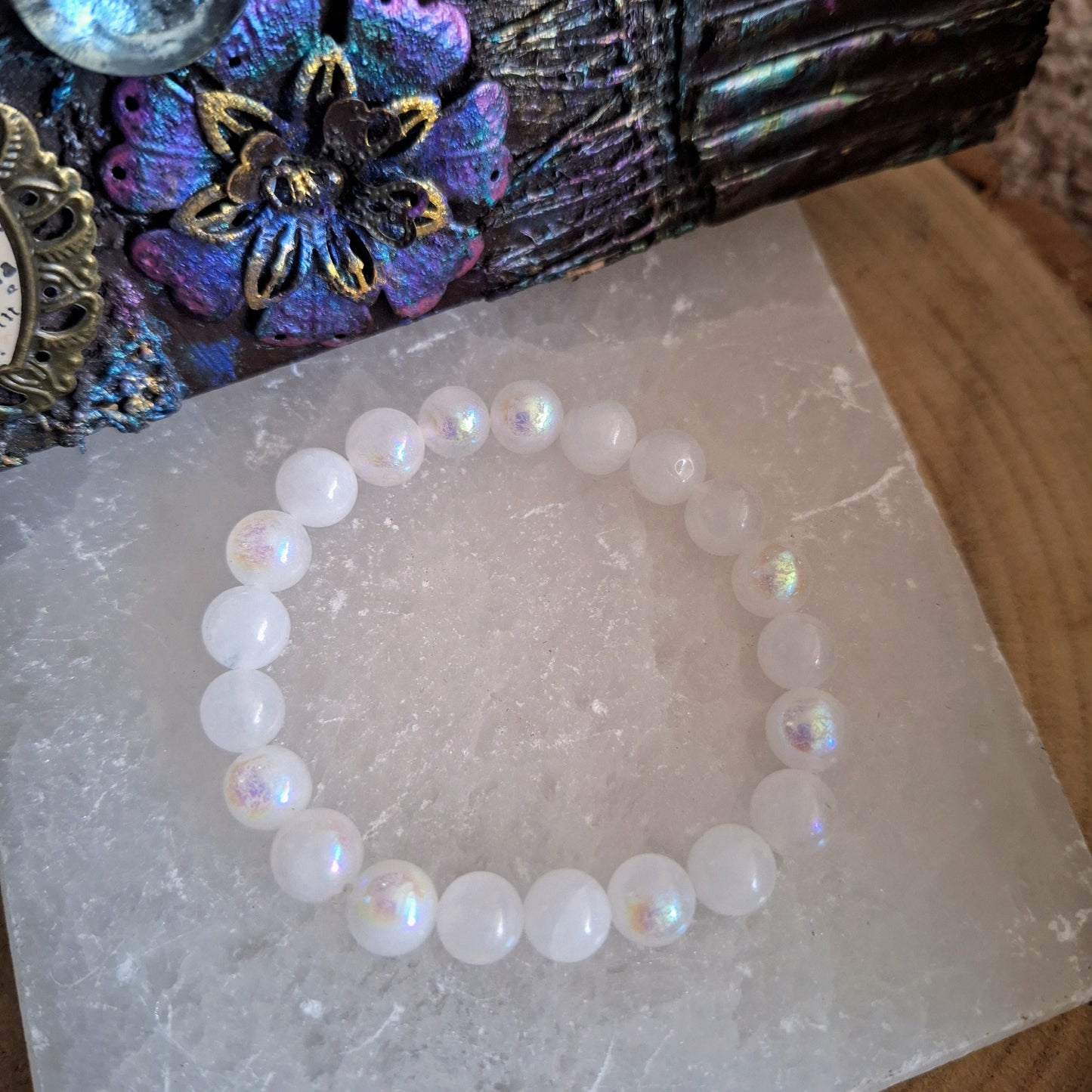 Aura white moonstone bracelet crystal healing gift for her witchy jewellery for women